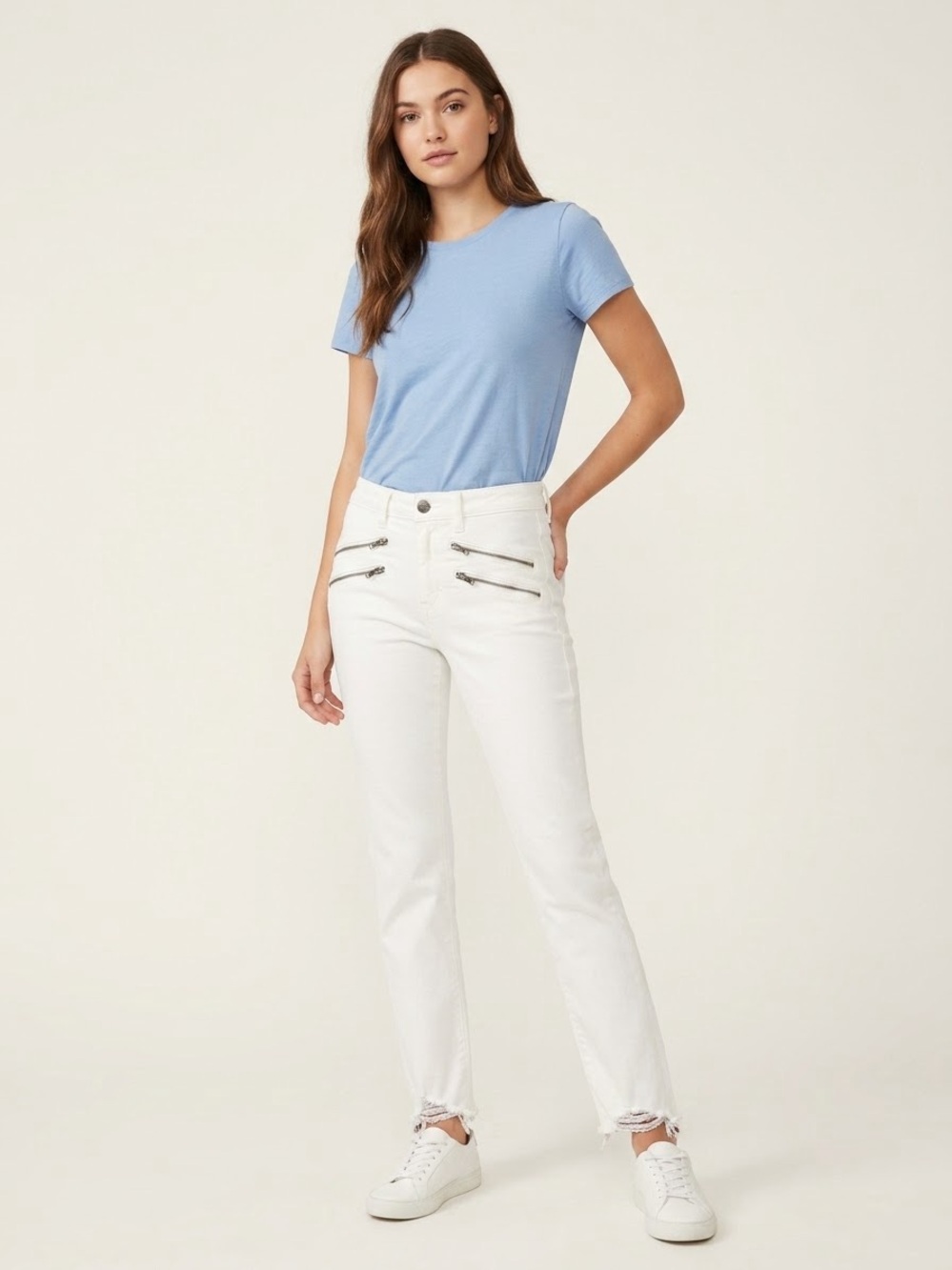 Title
PAIGE High Rise Edgemont Zipper Raw Hem Jeans Exposed Zip Pants